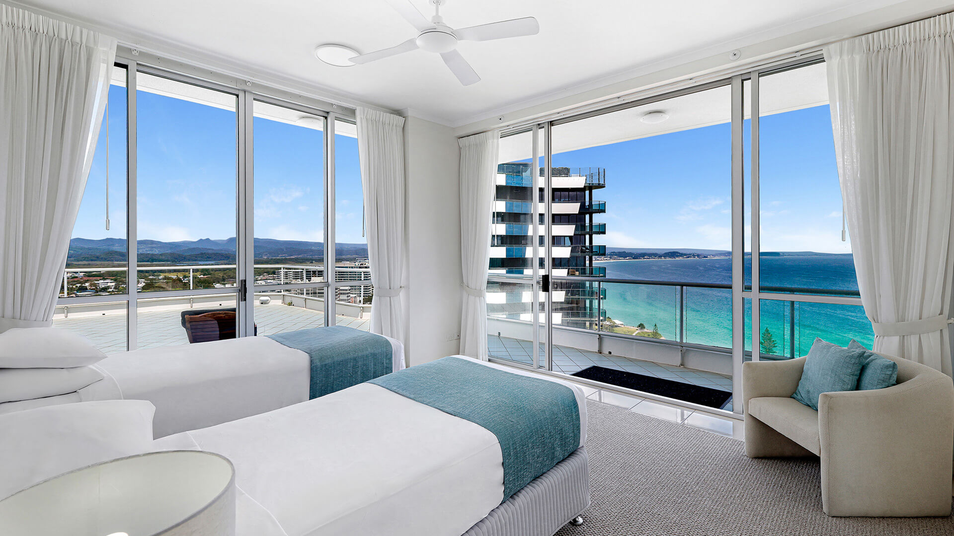 Twin bedroom in the 4 Bedroom Oceanfront Penthouse at ULTIQA Points North with ocean and hinterland views.