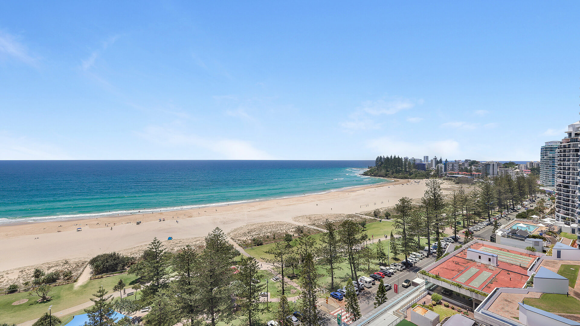 Beachfront balcony overlooking Coolangatta Beach in the Superior 1 Bedroom Ocean View Apartment at ULTIQA Points North.