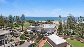 View from the Standard 2 Bedroom Centre Front Apartment at ULTIQA Points North, overlooking the Coolangatta Surf Club and beach.